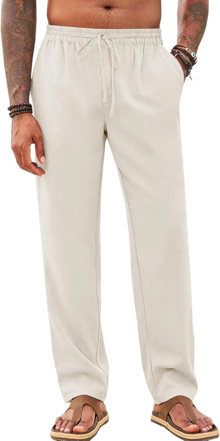 Makkrom Mens Casual Pants Drawstring Elastic Waist Lightweight Linen Pants Loose Fit Summer Beach Yoga Trousers