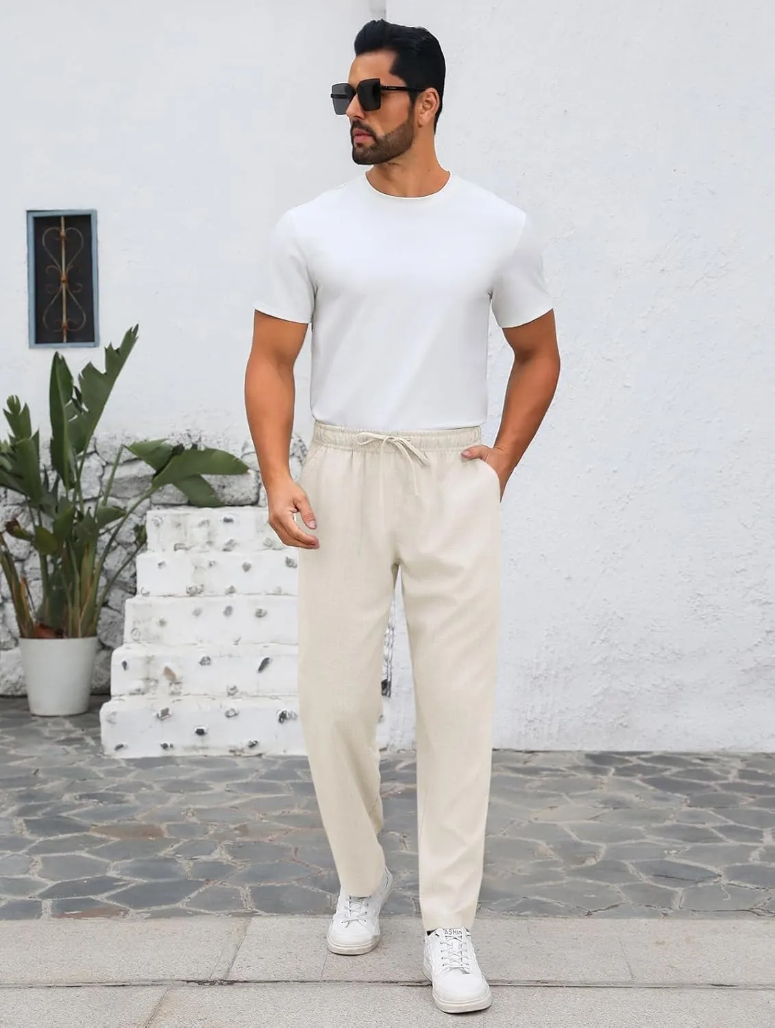 Makkrom Mens Casual Pants Drawstring Elastic Waist Lightweight Linen Pants Loose Fit Summer Beach Yoga Trousers