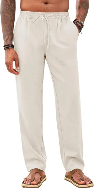 Makkrom Mens Casual Pants Drawstring Elastic Waist Lightweight Linen Pants Loose Fit Summer Beach Yoga Trousers