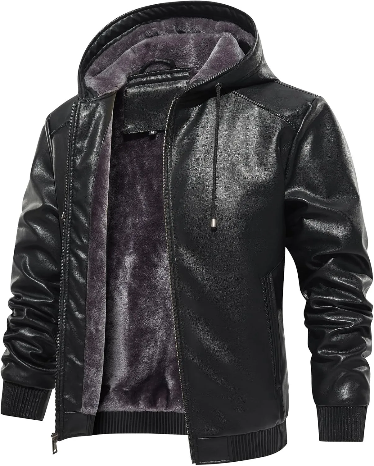 MANSDOUR Men's Faux Leather Jacket Warm Black Fleece Lined Motorcycle Bomber Jacket with Hood