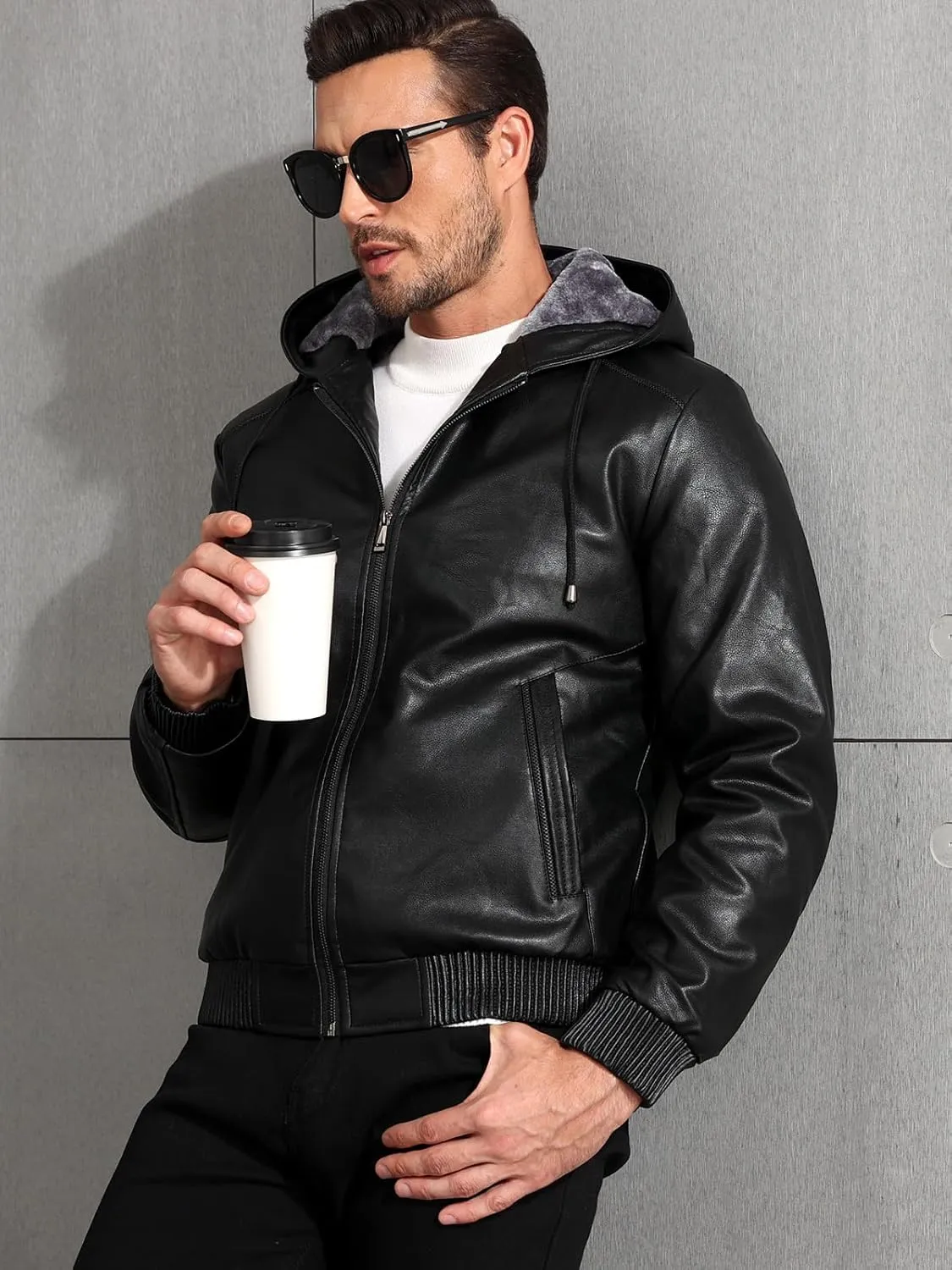 MANSDOUR Men's Faux Leather Jacket Warm Black Fleece Lined Motorcycle Bomber Jacket with Hood