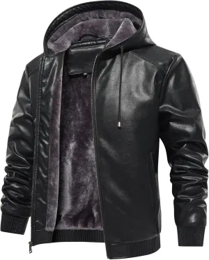 MANSDOUR Men's Faux Leather Jacket Warm Black Fleece Lined Motorcycle Bomber Jacket with Hood