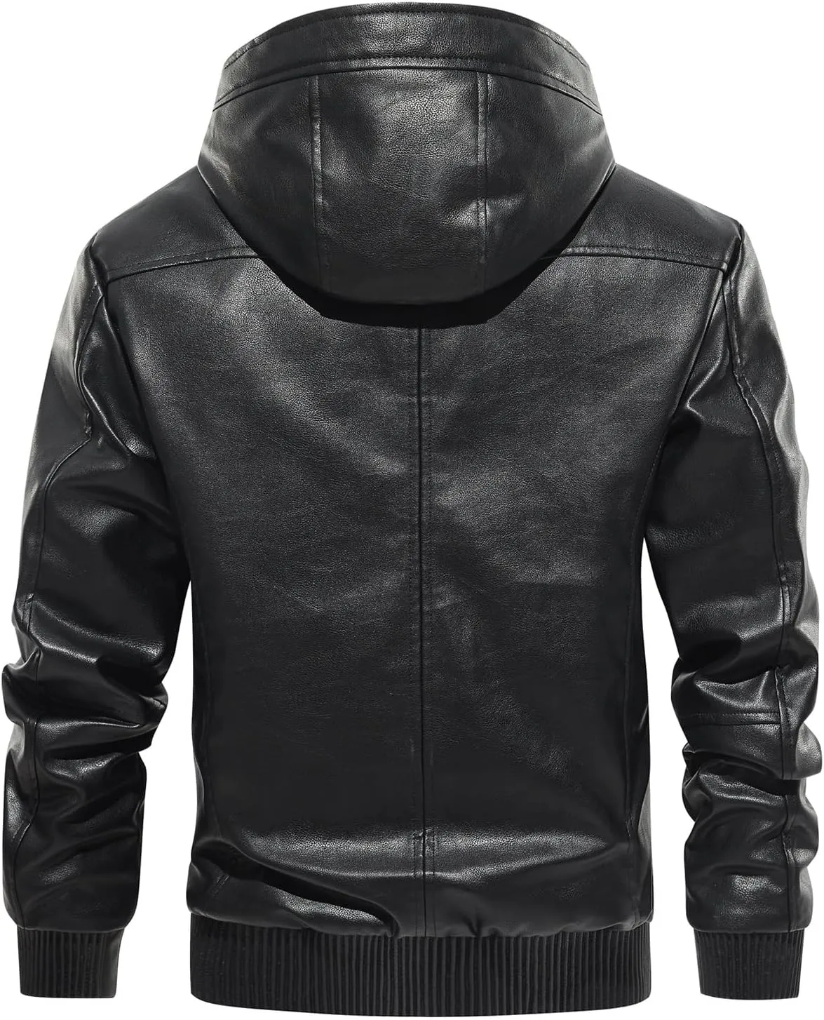 MANSDOUR Men's Faux Leather Jacket Warm Black Fleece Lined Motorcycle Bomber Jacket with Hood