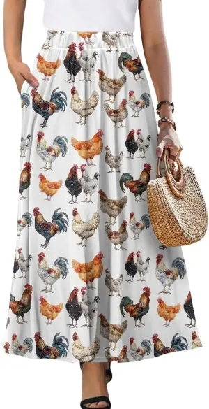Maxi Skirt for Women Flowy High Waisted Casual Skirt Full Length Comfy Swing Skirts with Pockets Size S-2XL
