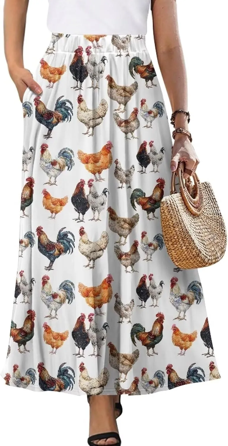 Maxi Skirt for Women Flowy High Waisted Casual Skirt Full Length Comfy Swing Skirts with Pockets Size S-2XL