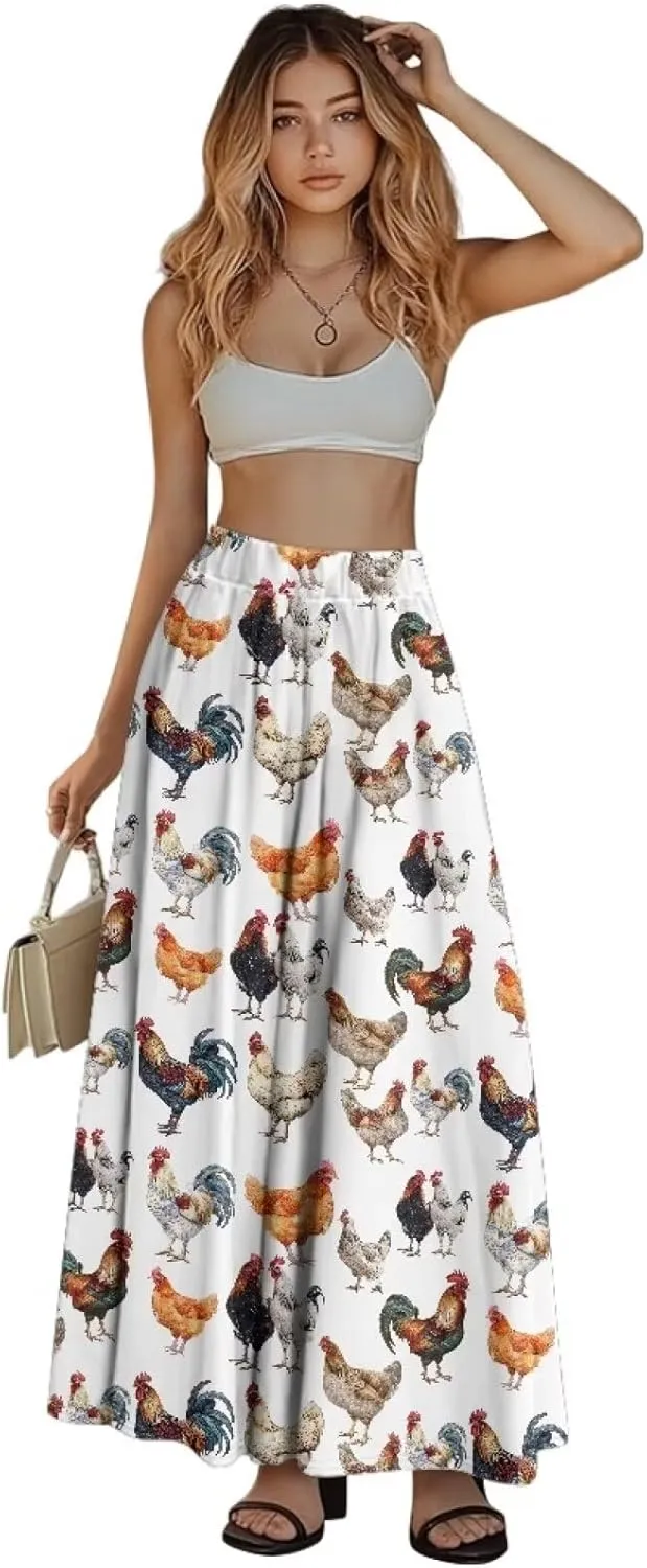 Maxi Skirt for Women Flowy High Waisted Casual Skirt Full Length Comfy Swing Skirts with Pockets Size S-2XL
