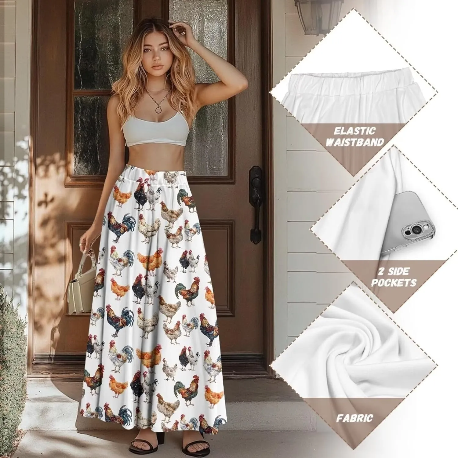 Maxi Skirt for Women Flowy High Waisted Casual Skirt Full Length Comfy Swing Skirts with Pockets Size S-2XL
