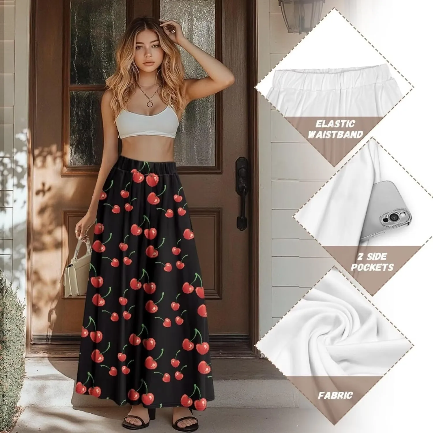 Maxi Skirt for Women Flowy High Waisted Long Skirt with Pockets Swing Skirts for Party Festival Wedding Size S-2XL