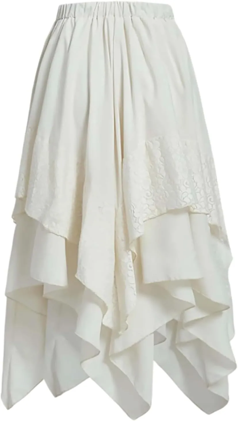 Maxi Skirts for Women High Waist Renaissance Flowy Fairy Skirt Y2k Lace Layered Asymmetrical Gothic Midi Skirt