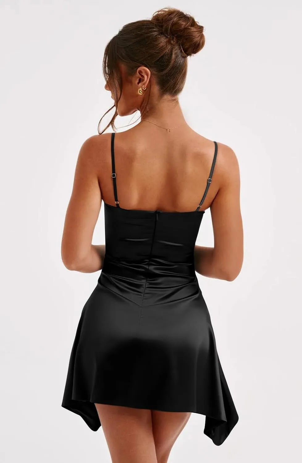 Memoriesea Women's Satin Sleeveless Spaghetti Strap Ruched Sexy Mini Club Party Dress