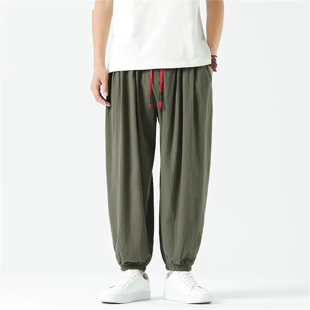 Men Vintage Elastic Waist Harem Pants Wide Leg Ankle Length Pants Casual Streetwear Trousers