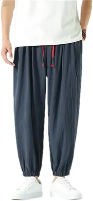 Men Vintage Elastic Waist Harem Pants Wide Leg Ankle Length Pants Casual Streetwear Trousers