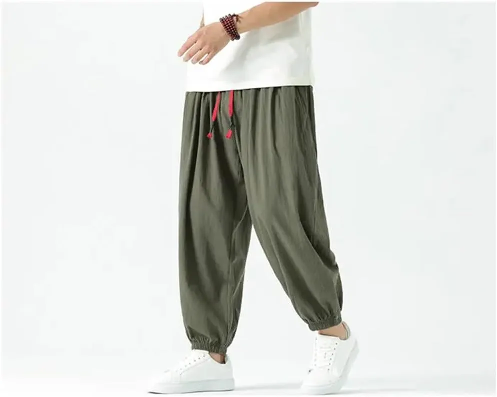 Men Vintage Elastic Waist Harem Pants Wide Leg Ankle Length Pants Casual Streetwear Trousers