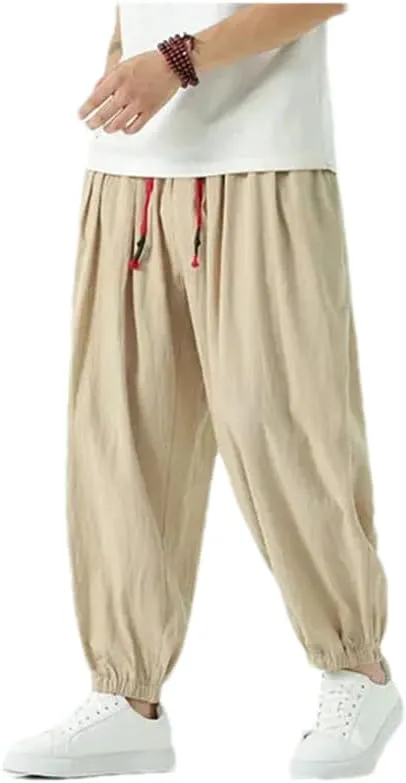 Men Vintage Elastic Waist Harem Pants Wide Leg Ankle Length Pants Casual Streetwear Trousers