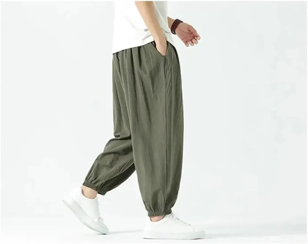 Men Vintage Elastic Waist Harem Pants Wide Leg Ankle Length Pants Casual Streetwear Trousers