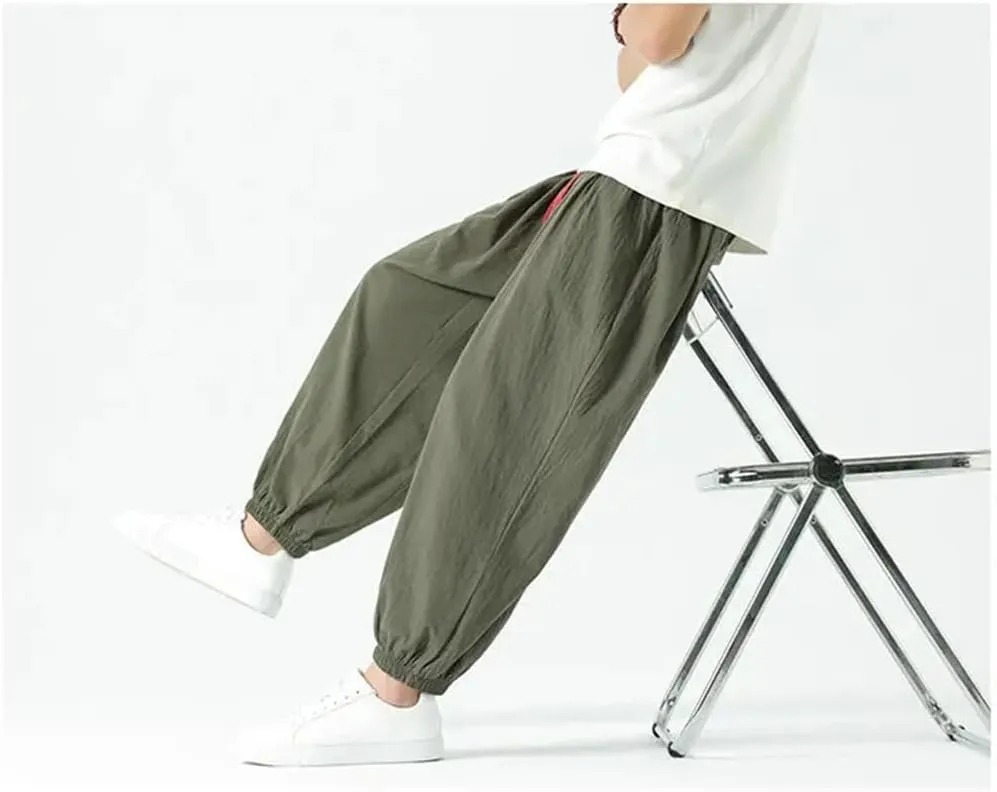 Men Vintage Elastic Waist Harem Pants Wide Leg Ankle Length Pants Casual Streetwear Trousers