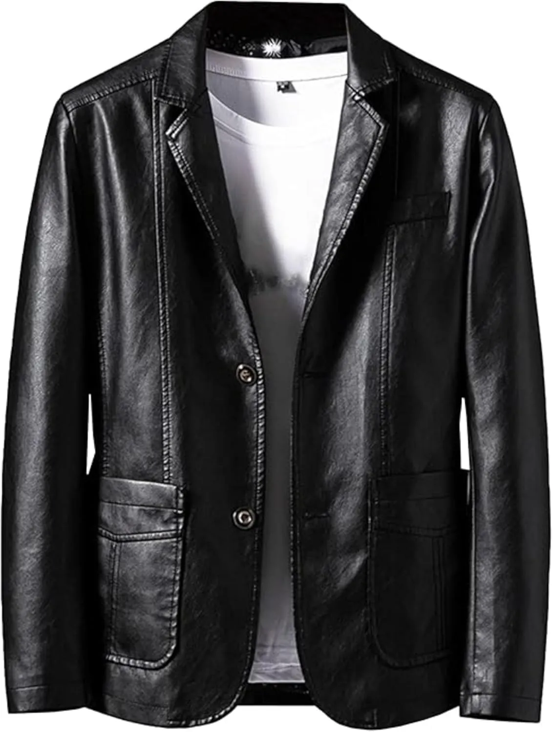 Men's 2 Button Leather Blazer Sport Coat Casual Notched Collar Suit Jacket Slim Formal Faux Leather Blazer Jacket