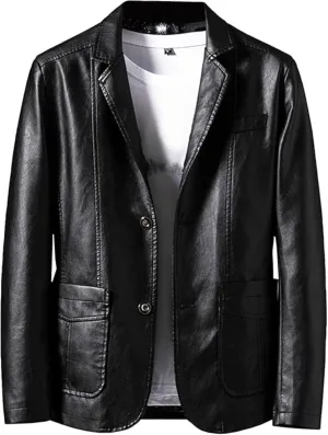 Men's 2 Button Leather Blazer Sport Coat Casual Notched Collar Suit Jacket Slim Formal Faux Leather Blazer Jacket