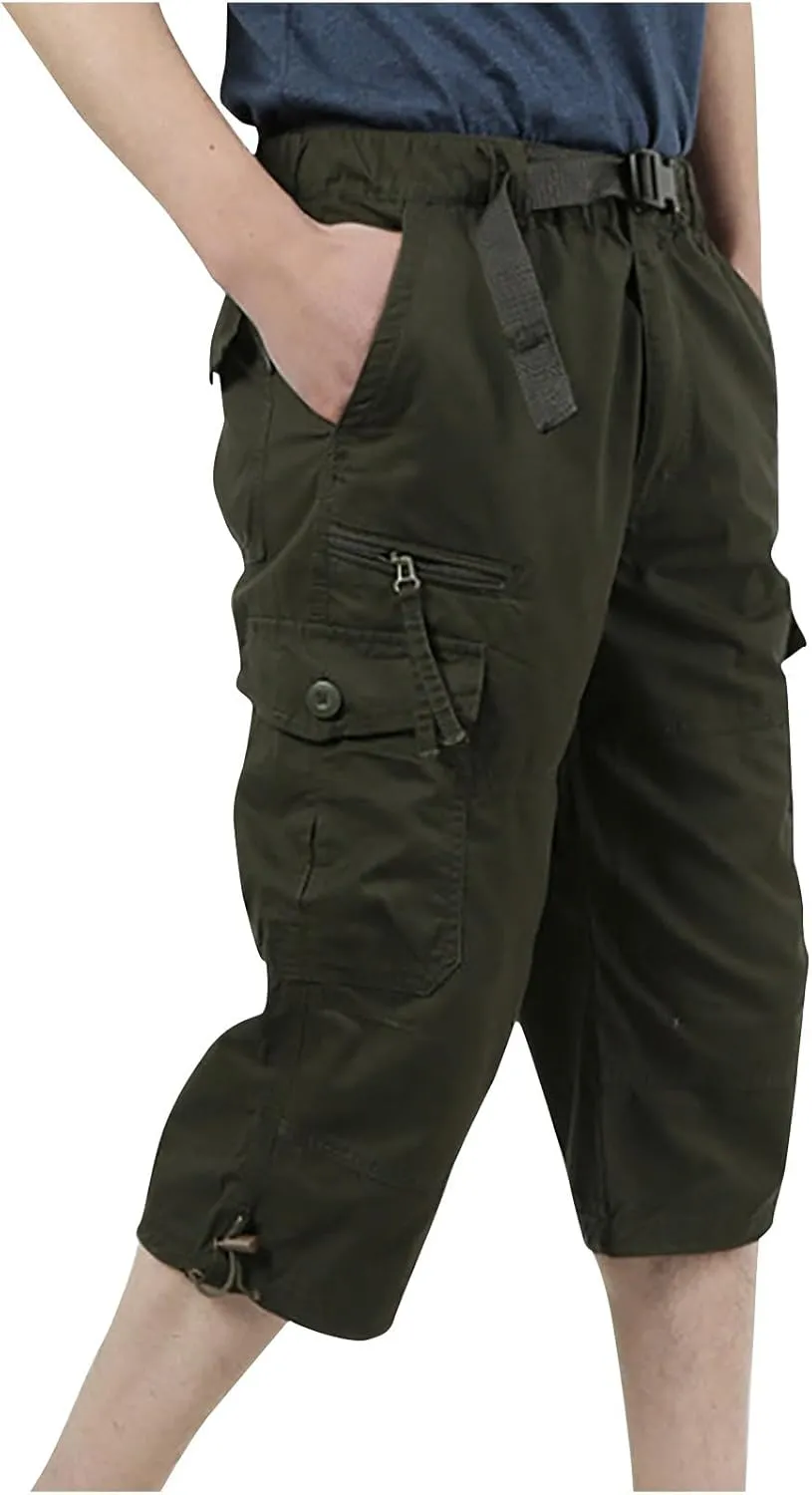 Mens Cargo Pants Straight Leg Capri Pants Lightweight Solid Color Work Pants Casual Multiple Pockets Hiking Sweatpants
