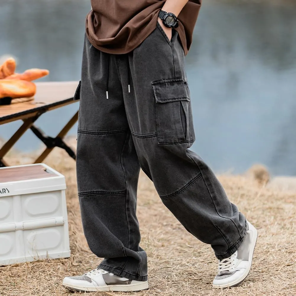 Men's Casual Loose Elastic Waist Cargo Jeans Hip Hop Denim Pants