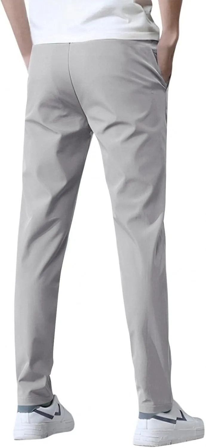 Men's Casual Pants Cotton Twill Drawstring Elastic Waist Chino Pants with Pockets