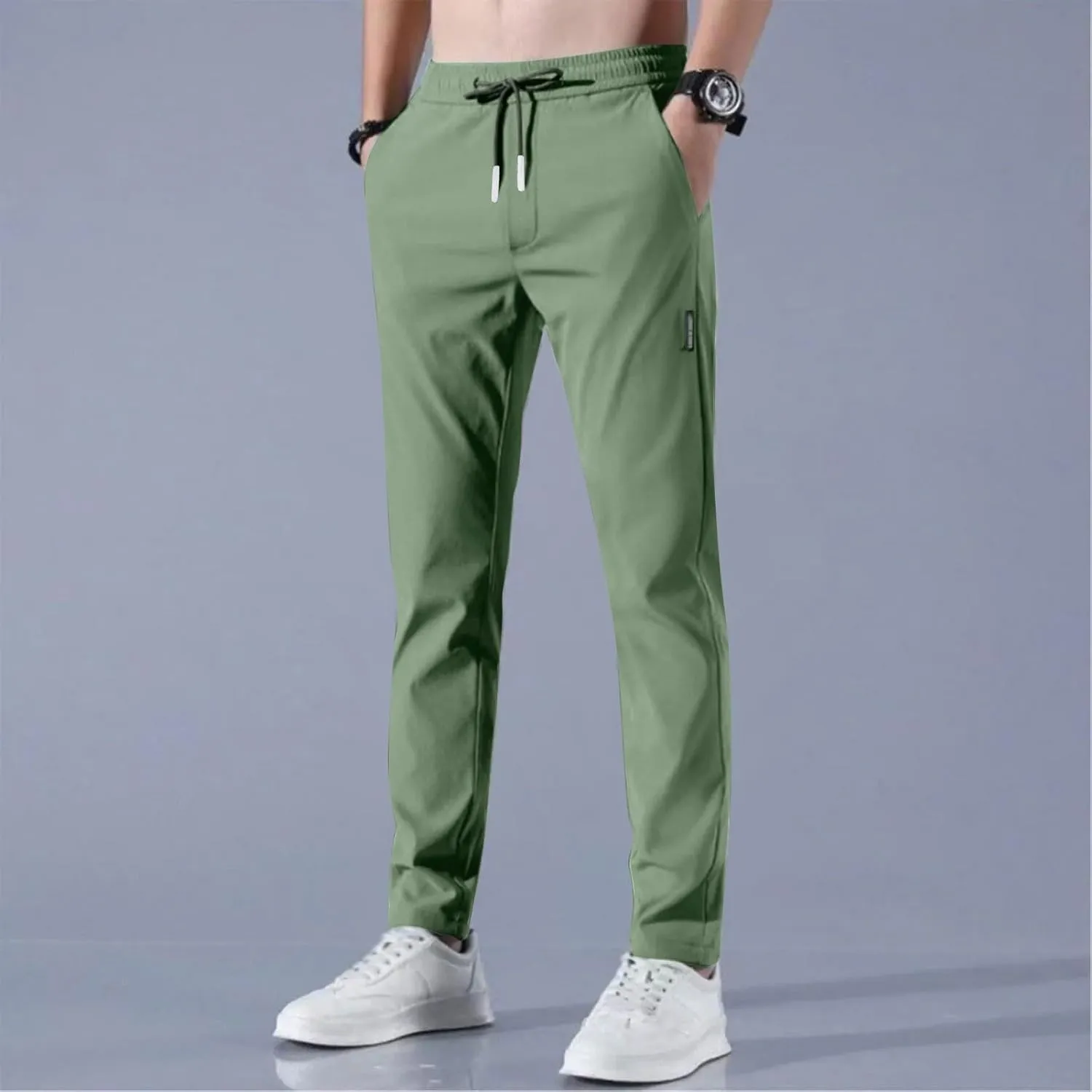 Men's Casual Pants Cotton Twill Drawstring Elastic Waist Chino Pants with Pockets