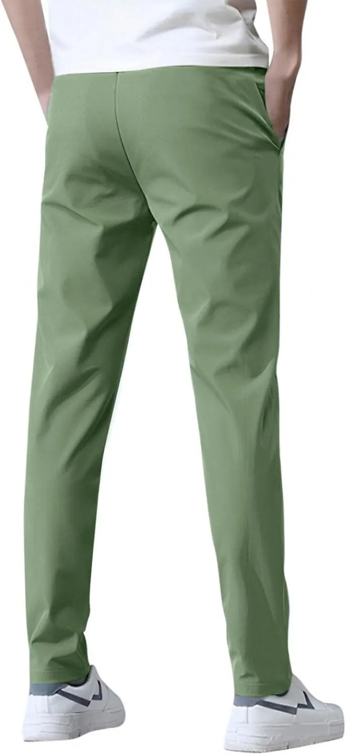 Men's Casual Pants Cotton Twill Drawstring Elastic Waist Chino Pants with Pockets