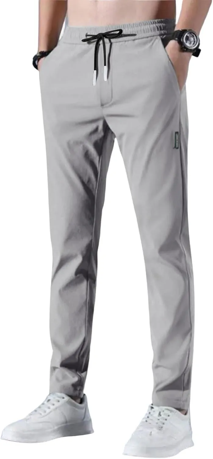 Men's Casual Pants Cotton Twill Drawstring Elastic Waist Chino Pants with Pockets