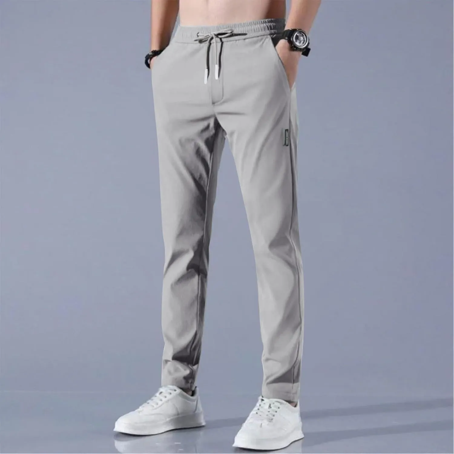 Men's Casual Pants Cotton Twill Drawstring Elastic Waist Chino Pants with Pockets