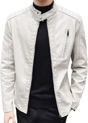 Mens Casual Stand Collar Slim Fit Faux Leather Jacket Biker Motorcycle Jacket