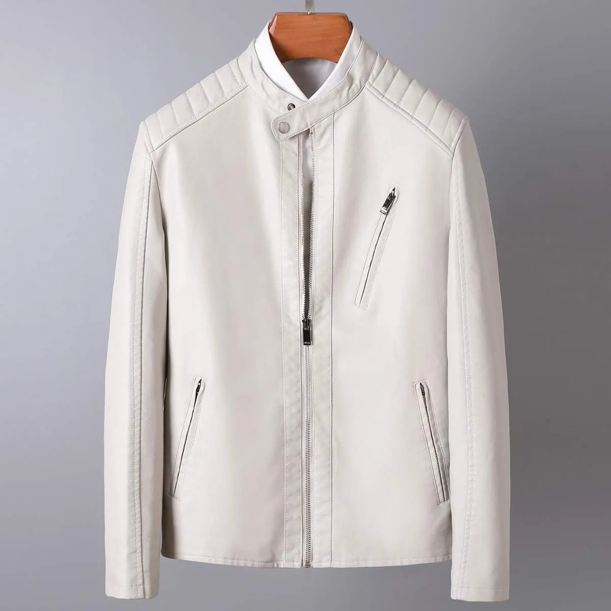 Mens Casual Stand Collar Slim Fit Faux Leather Jacket Biker Motorcycle Jacket