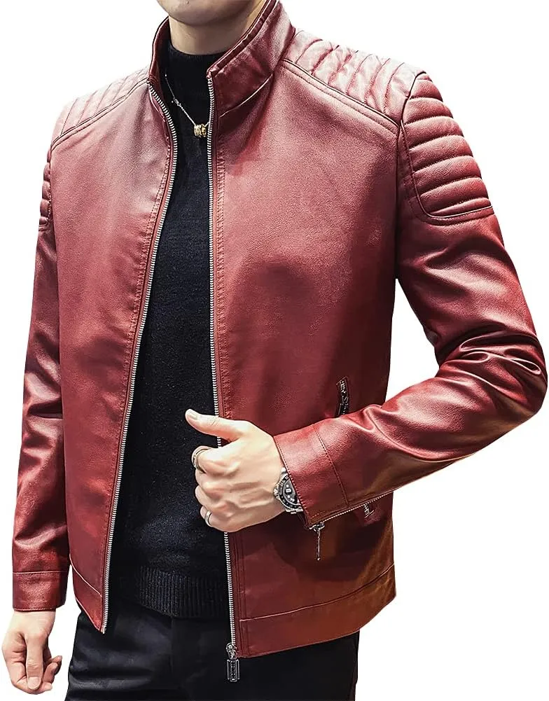 Mens Casual Stand Collar Slim Fit Faux Leather Jacket Biker Motorcycle Jacket