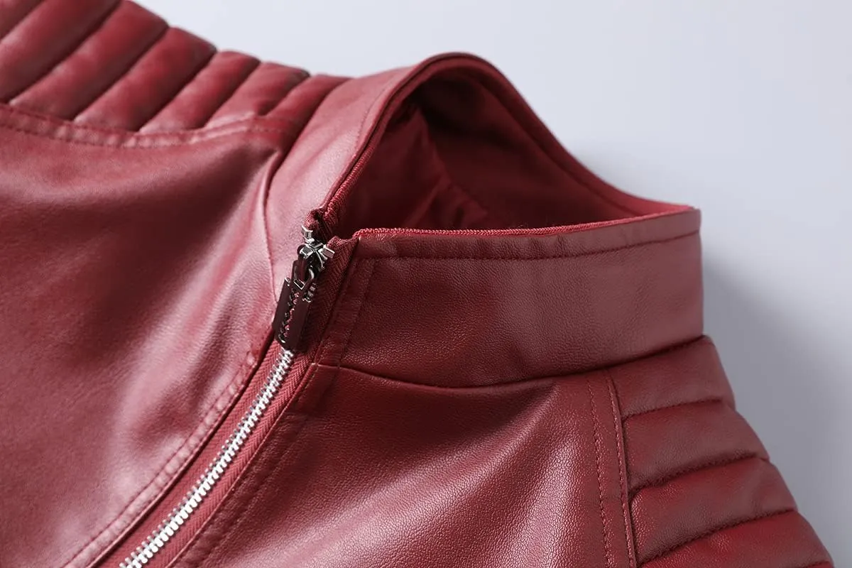 Mens Casual Stand Collar Slim Fit Faux Leather Jacket Biker Motorcycle Jacket