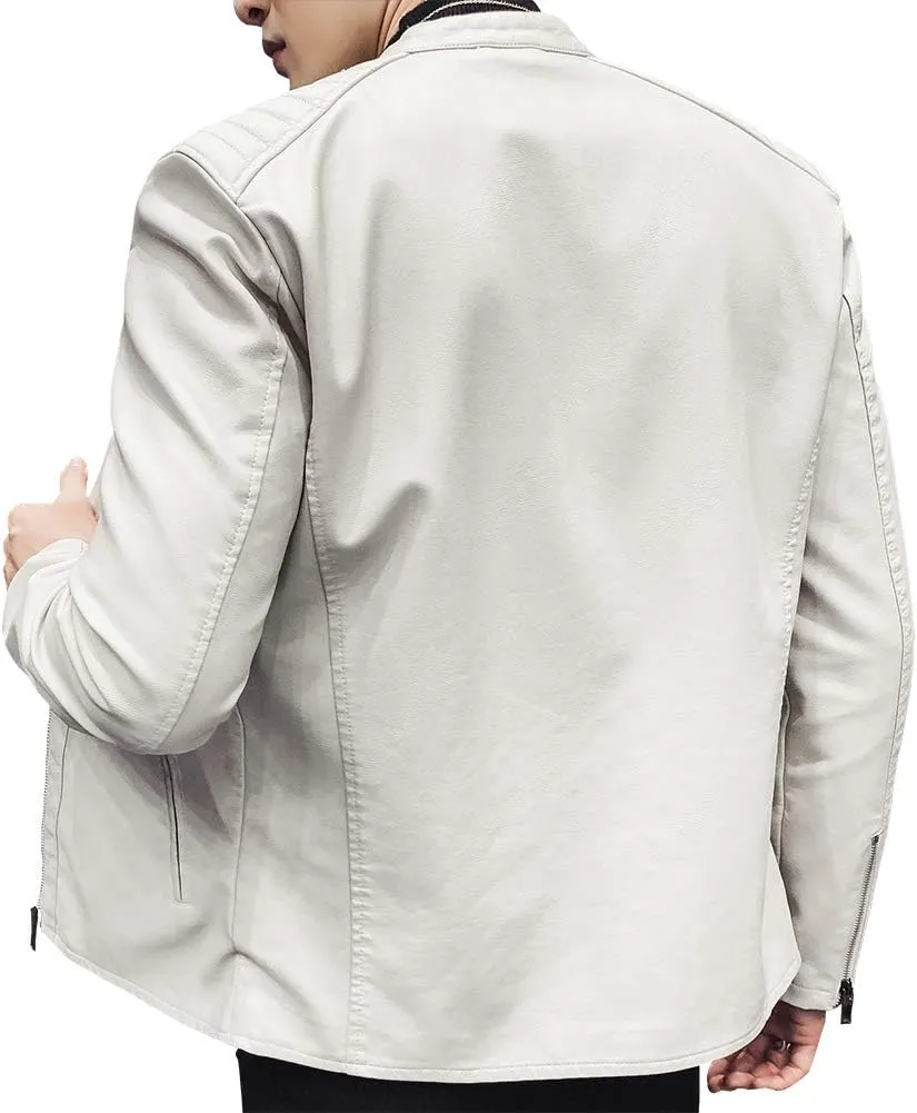 Mens Casual Stand Collar Slim Fit Faux Leather Jacket Biker Motorcycle Jacket