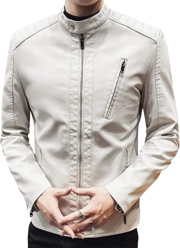 Mens Casual Stand Collar Slim Fit Faux Leather Jacket Biker Motorcycle Jacket