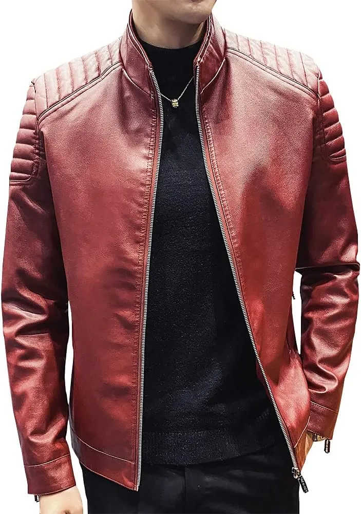 Mens Casual Stand Collar Slim Fit Faux Leather Jacket Biker Motorcycle Jacket