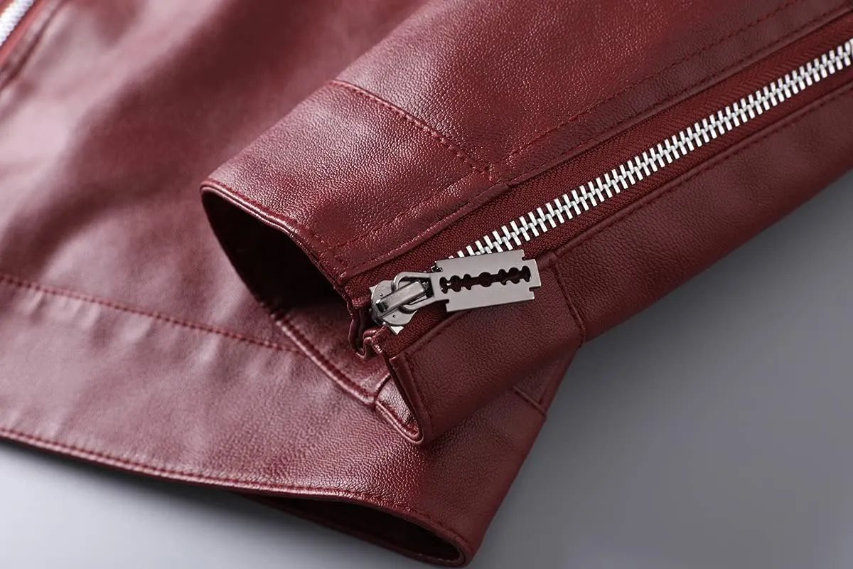 Mens Casual Stand Collar Slim Fit Faux Leather Jacket Biker Motorcycle Jacket