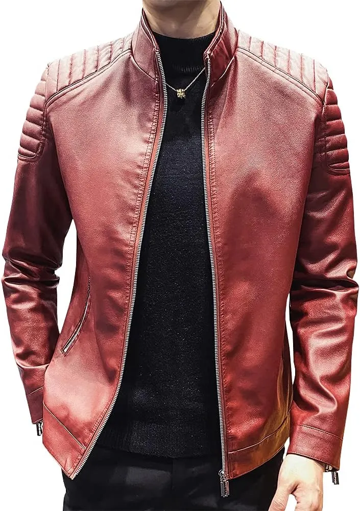 Mens Casual Stand Collar Slim Fit Faux Leather Jacket Biker Motorcycle Jacket