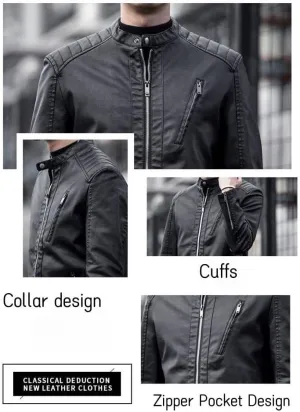 Mens Casual Stand Collar Slim Fit Faux Leather Jacket Biker Motorcycle Jacket