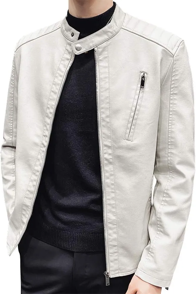 Mens Casual Stand Collar Slim Fit Faux Leather Jacket Biker Motorcycle Jacket