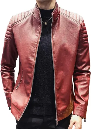 Mens Casual Stand Collar Slim Fit Faux Leather Jacket Biker Motorcycle Jacket