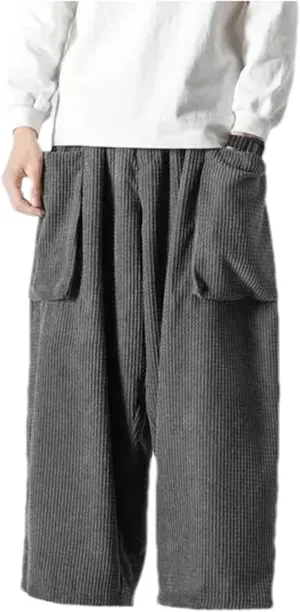 Men's Corduroy Casual Wide Leg Pants Solid Color Loose Elastic Waist Straight Harem Trousers
