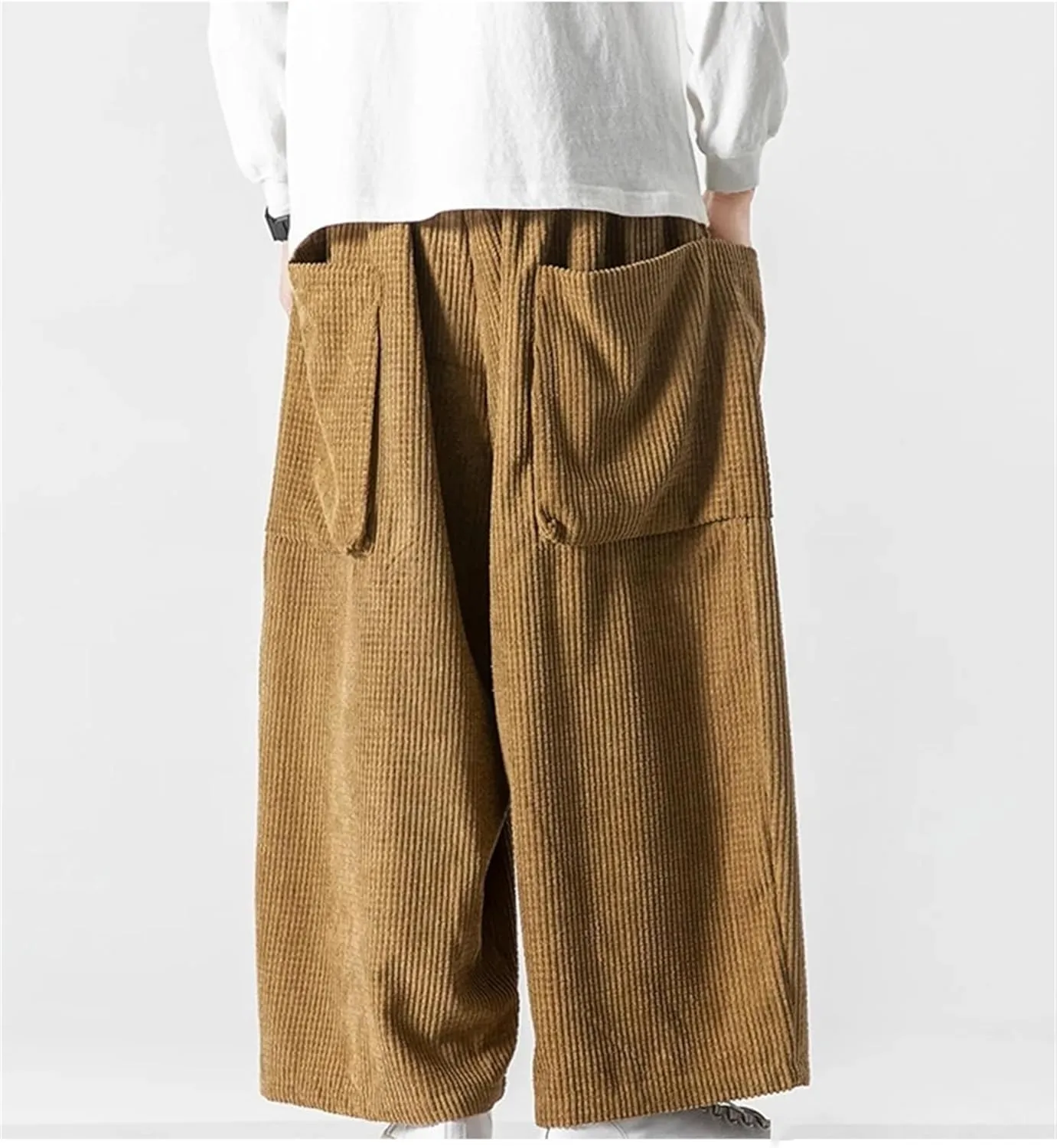 Men's Corduroy Casual Wide Leg Pants Solid Color Loose Elastic Waist Straight Harem Trousers