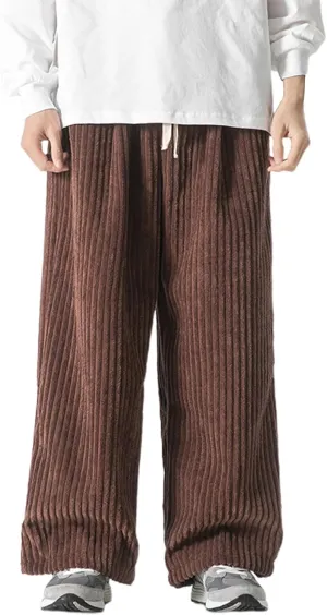 Mens Corduroy Pants Baggy Wide Leg Loose Fit Drawstring Elastic Waist Sweatpants Vintage Pants