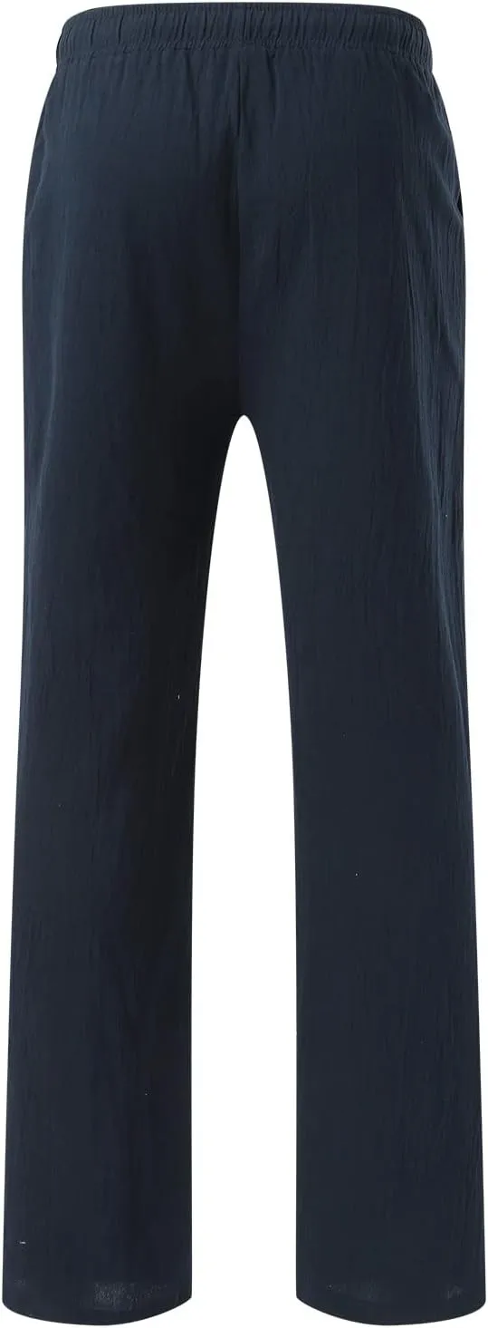 Men's Cotton Linen Loose Pants Casual Drawstring Elastic Waist Beach Trousers Solid Color Fashion Summer Trousers