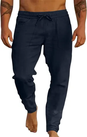 Men's Cotton Linen Loose Pants Casual Drawstring Elastic Waist Beach Trousers Solid Color Fashion Summer Trousers