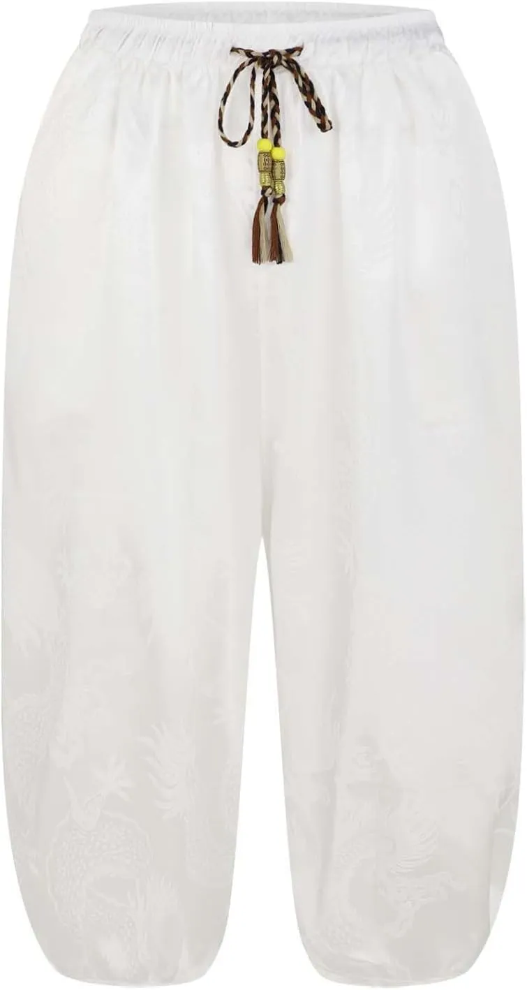 Men's Cotton Linen Pants Drawstring Elastic Waist Cinch Bottoms Summer Beach Pants Loose Fit Drop Crotch Trousers