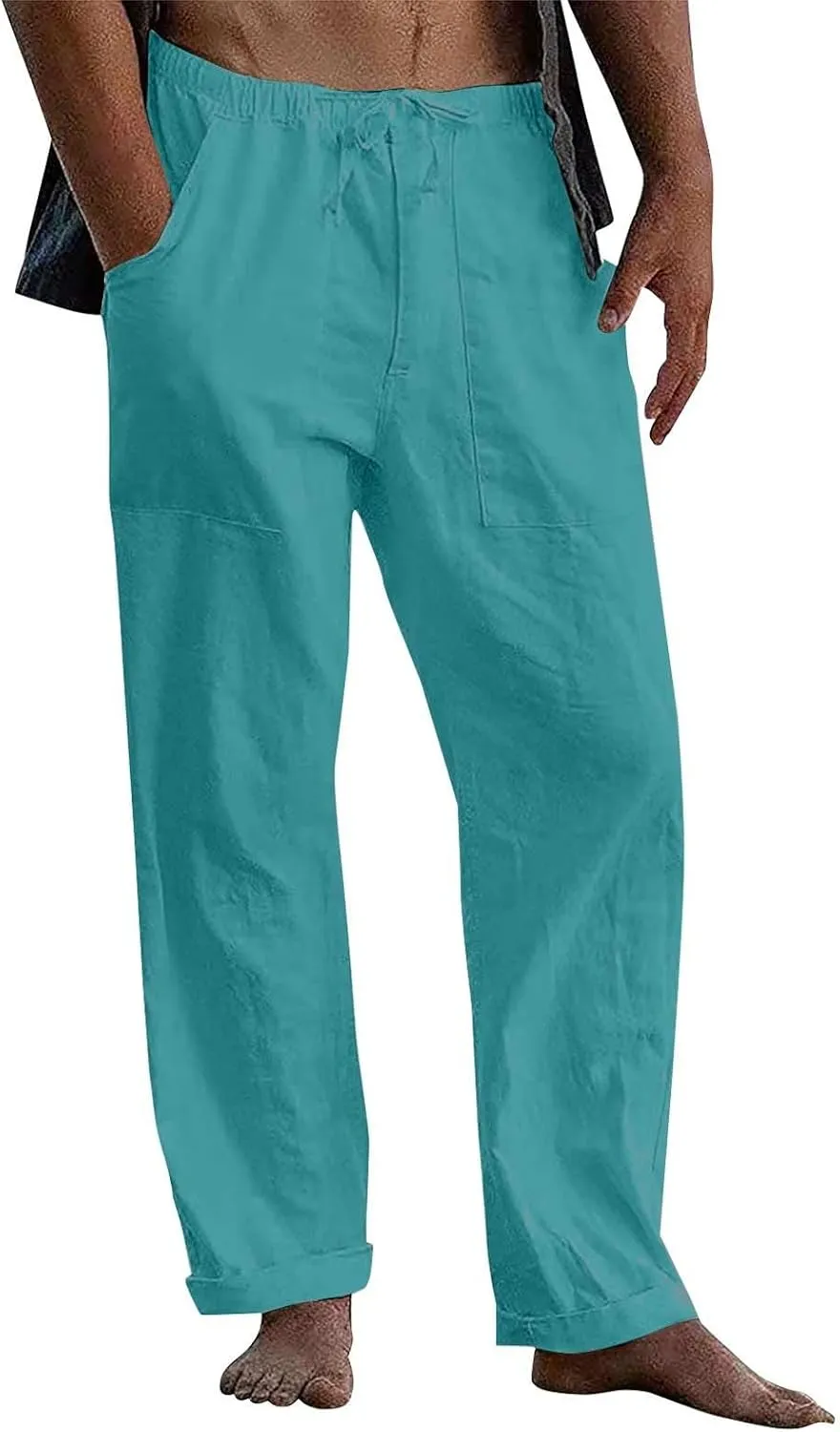 Men's Cotton Linen Pants Elastic Waist Drawstring Sweatpants with Pockets Casual Joggers Summer Beach Trousers
