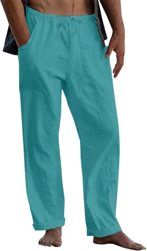 Men's Cotton Linen Pants Elastic Waist Drawstring Sweatpants with Pockets Casual Joggers Summer Beach Trousers