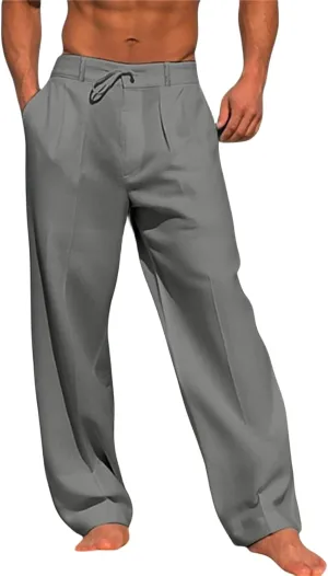 Men's Cotton Linen Pants Elastic Waist Loose Fit Drawstring Pants Lightweight Athletic Joggers for Everyday